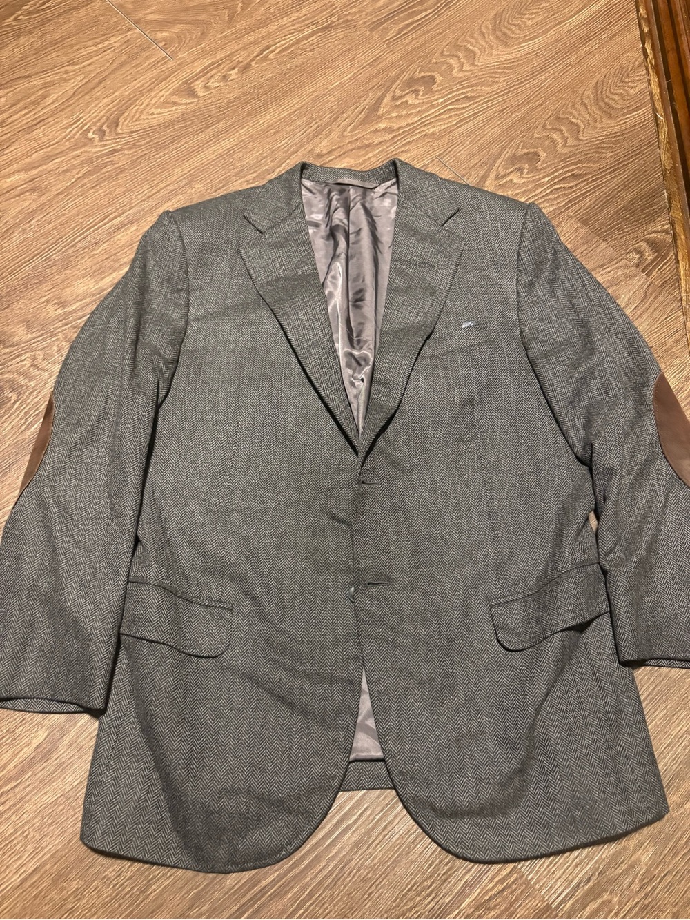 Loro Piana Gray Herringbone Sport Coat with Brown Elbow Patches